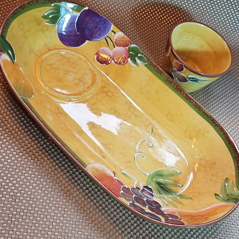 Hand Painted Glazed Pottery Chip & Dip Salsa Plate w Bowl Vintage - Picture 2 of 10